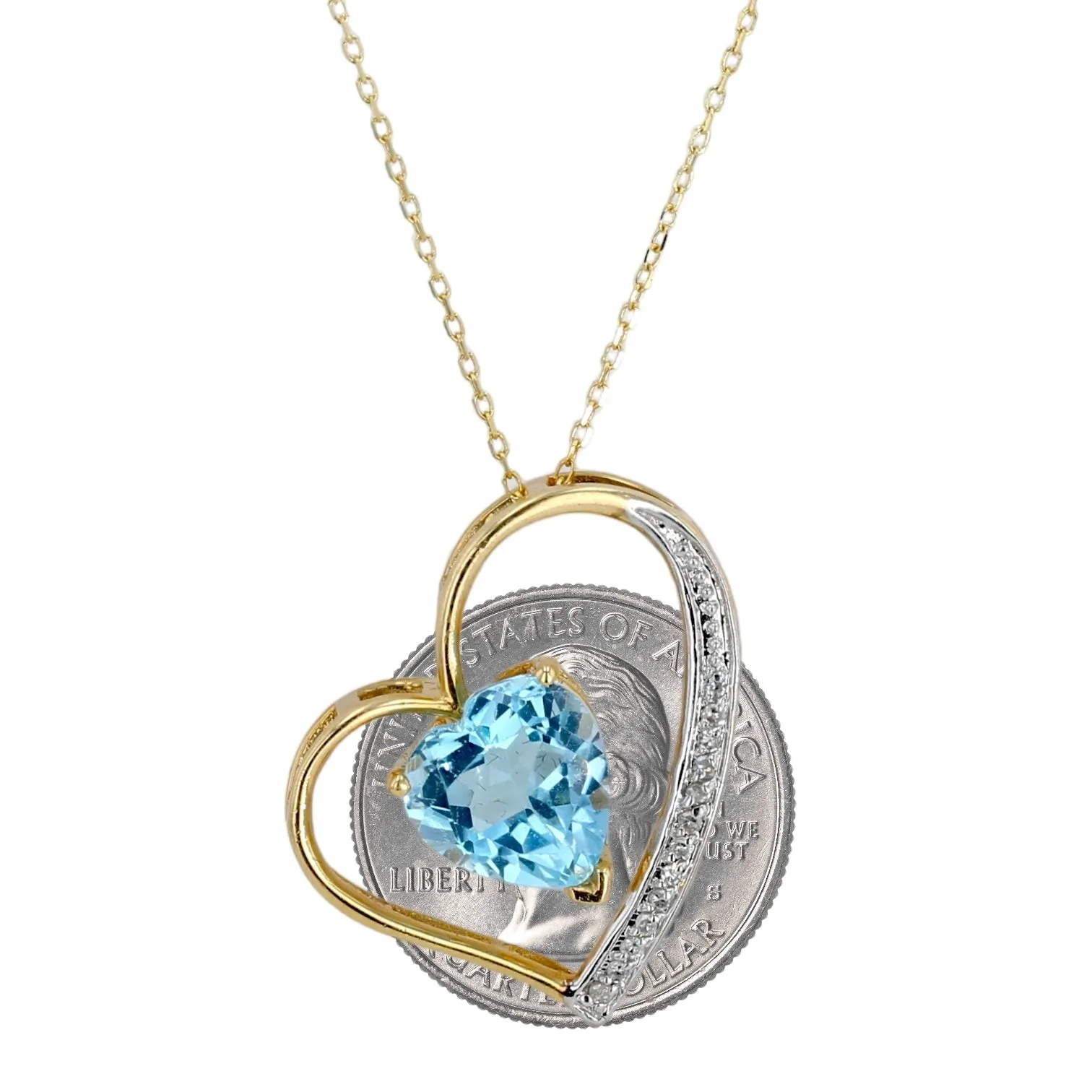 14K Yellow gold big heart floating blue topaz and diamonds Necklace-13209