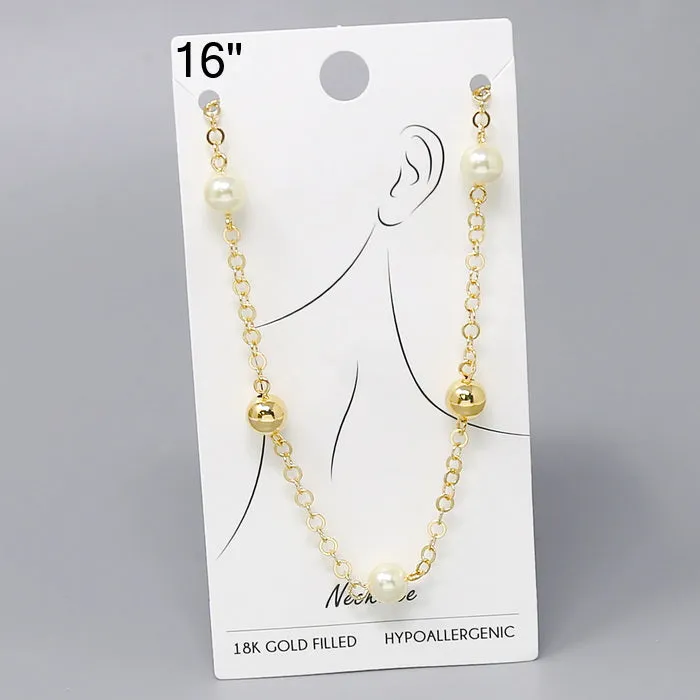 18K Gold Dipped Pearl & Metal Bead Chain Necklace - 16"