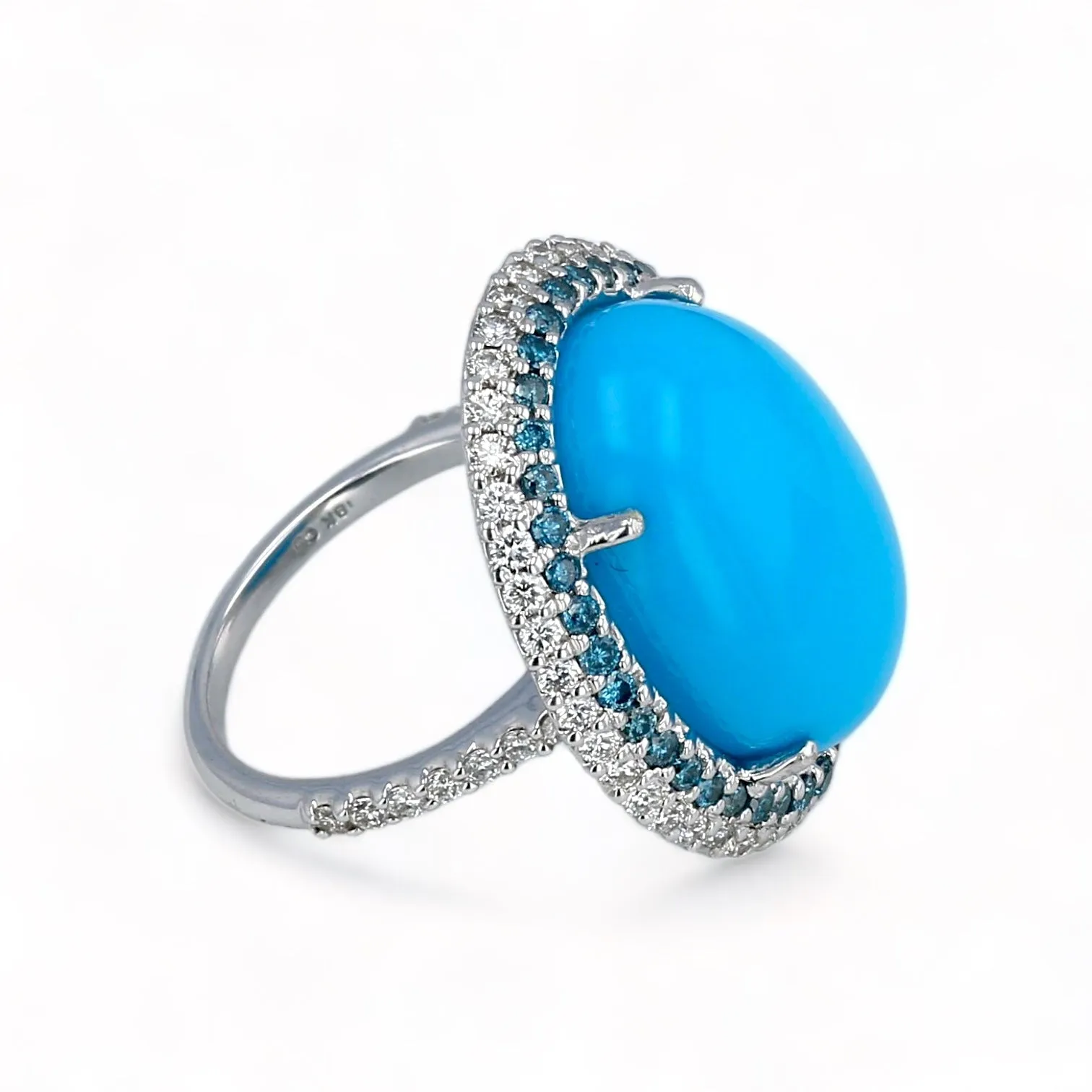 18K White gold oval natural turquoise halo blue diamonds ring