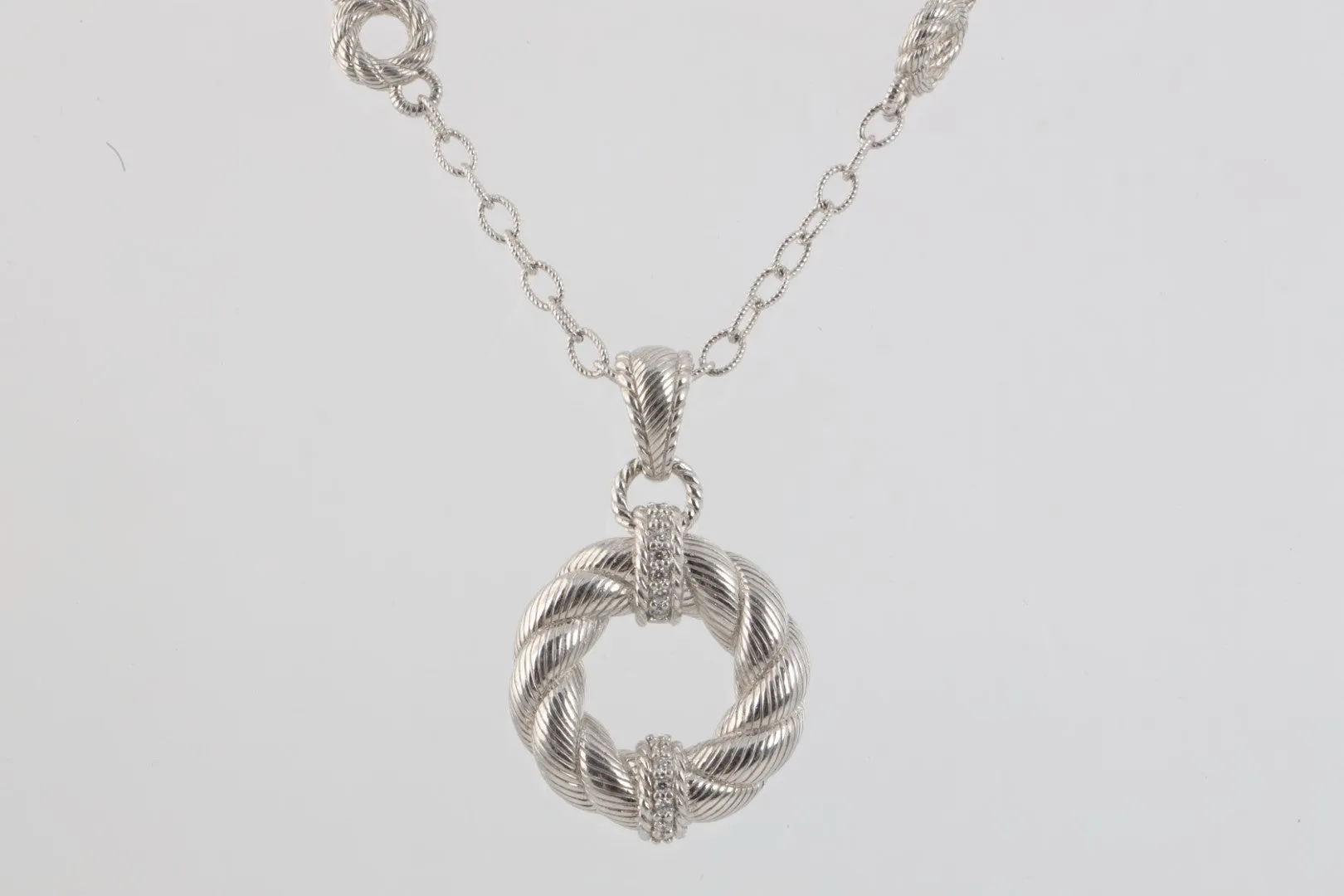 18" Judith Ripka 925 Silver Twisted Rope Pendant & Crystal Necklace (34.43g.)