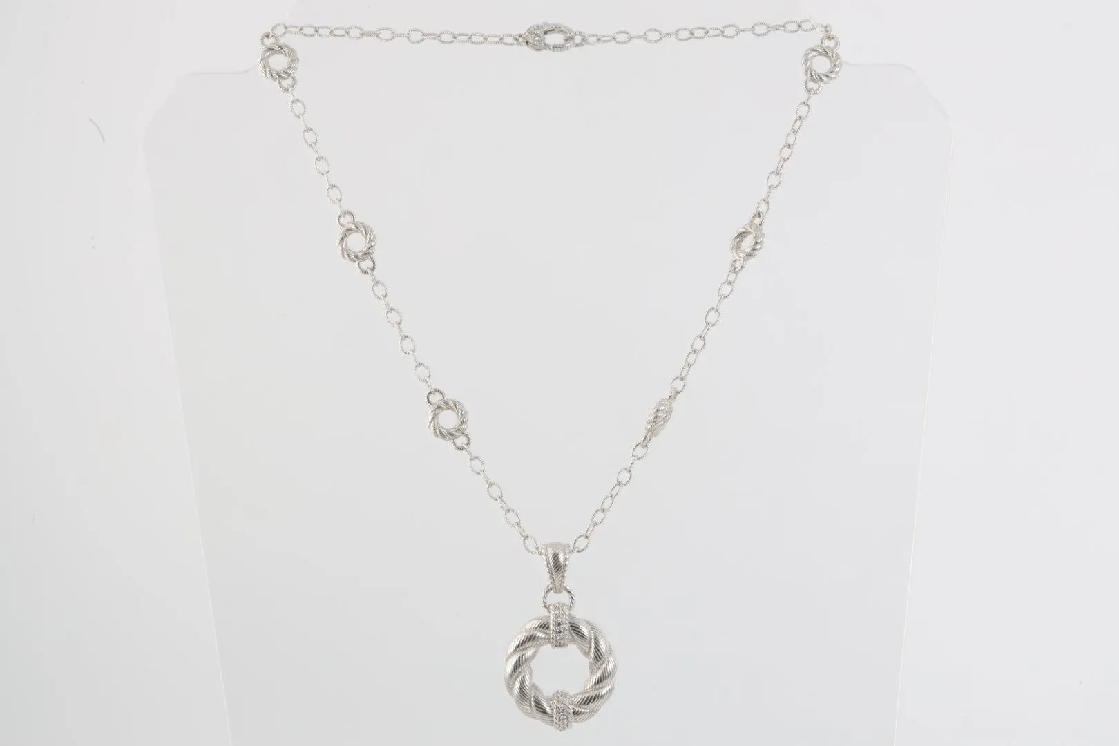 18" Judith Ripka 925 Silver Twisted Rope Pendant & Crystal Necklace (34.43g.)