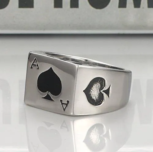 316L Stainless Steel Silver Tone Black Ace of Spades Poker Card Men's Ring Sizes 7-14