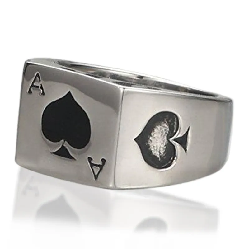 316L Stainless Steel Silver Tone Black Ace of Spades Poker Card Men's Ring Sizes 7-14