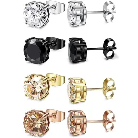 4 Pairs Stainless Steel Round Stud Earrings for Men Women Ear Piercing Earrings Cubic Zirconia Inlaid,3-8mm Available