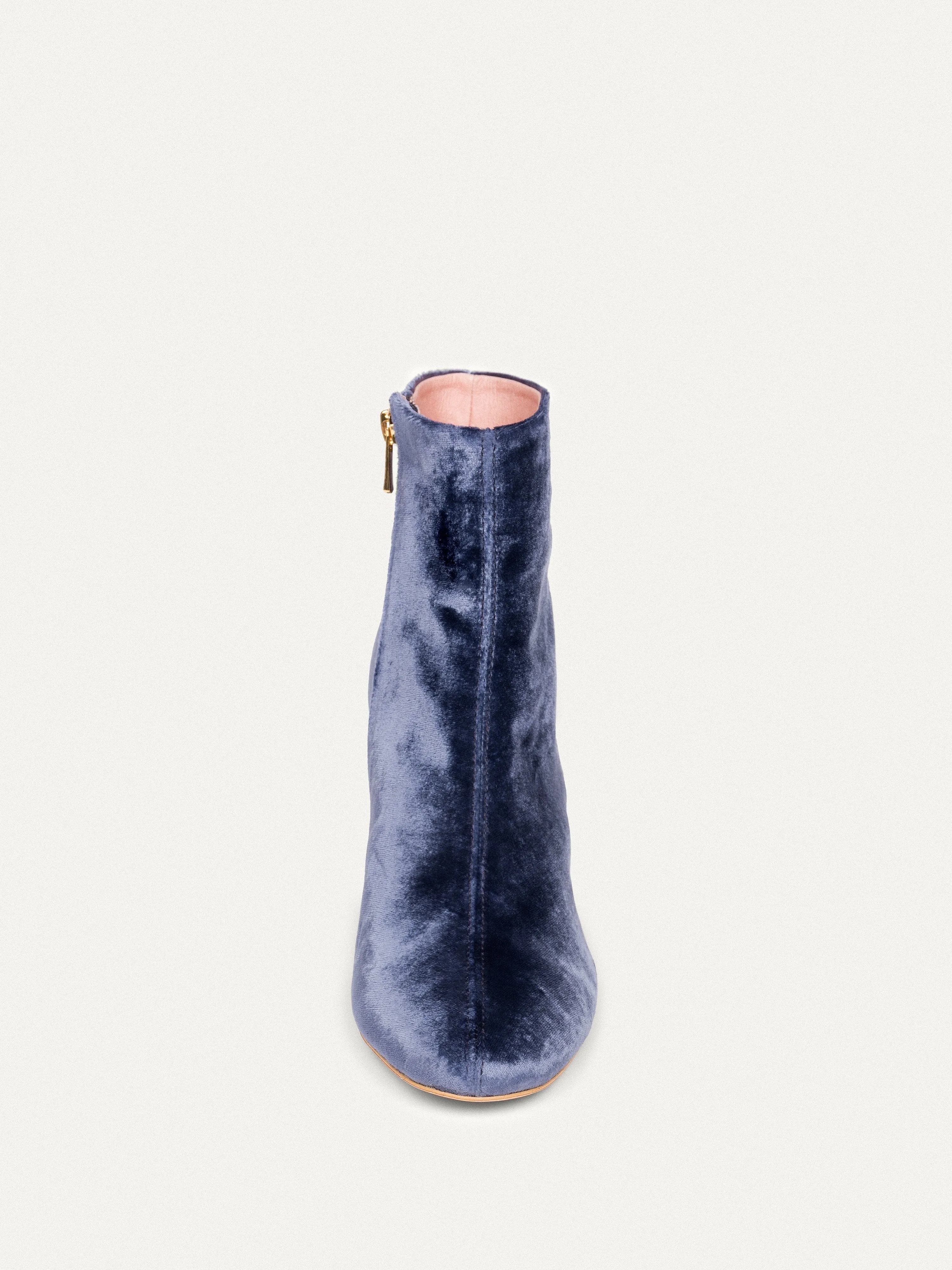 6pm Expo at the Gallery Vegan Velvet Heeled Boots | Indigo Blue