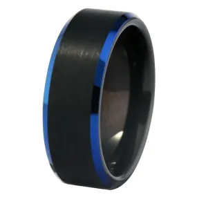 8mm Classic Black Matte and Blue Beveled Tungsten Wedding Band