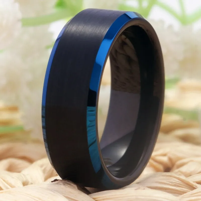 8mm Classic Black Matte and Blue Beveled Tungsten Wedding Band