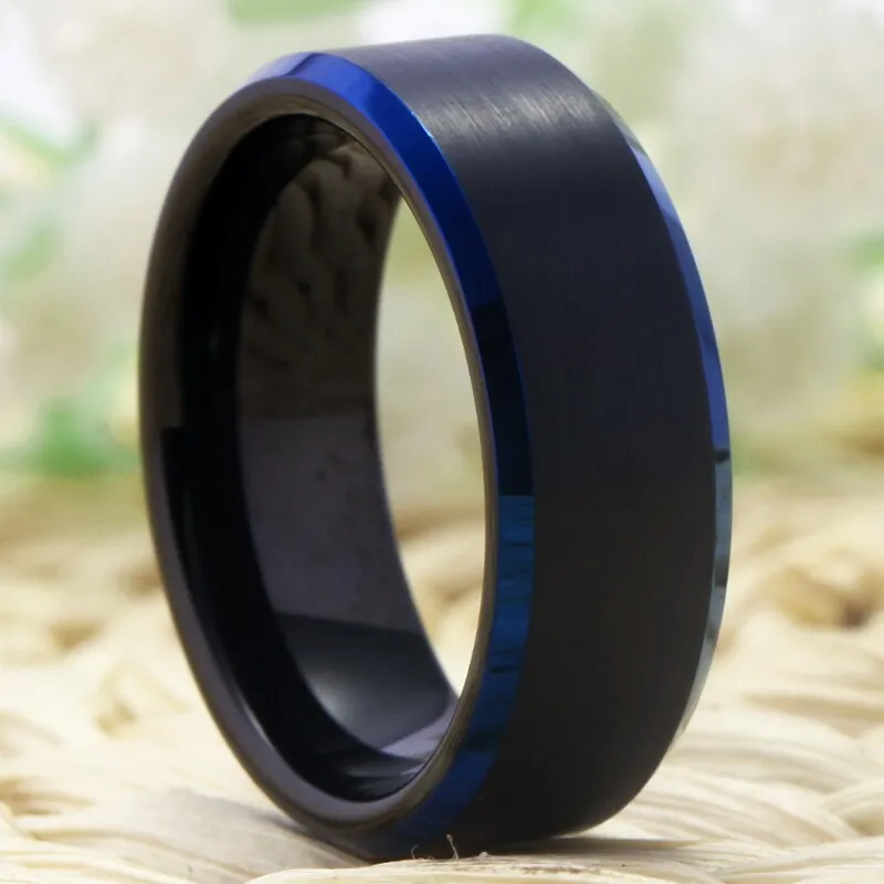 8mm Classic Black Matte and Blue Beveled Tungsten Wedding Band