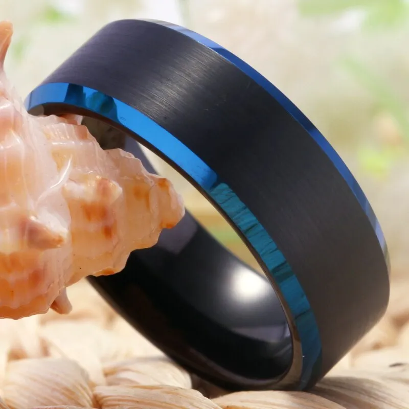 8mm Classic Black Matte and Blue Beveled Tungsten Wedding Band