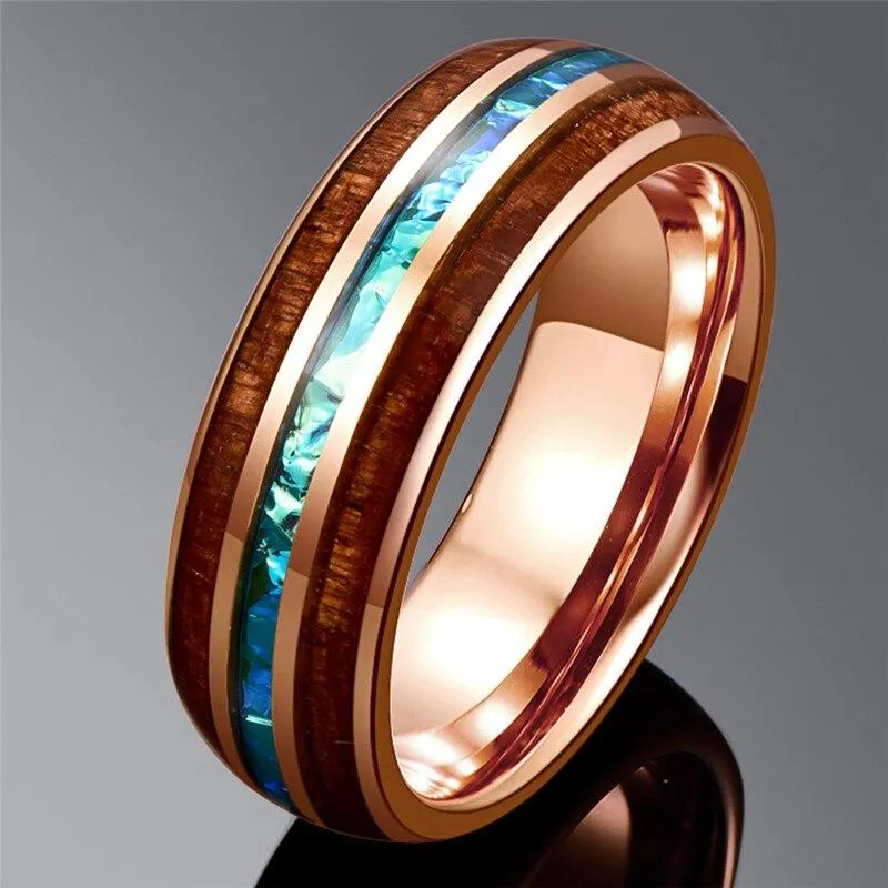 8mm Rose Gold Tungsten Carbide in Blue Inlay with Wood Koa Wedding Band