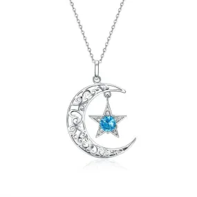 925 Sterling Silver Crescent Moon with Dangling Star Crystal