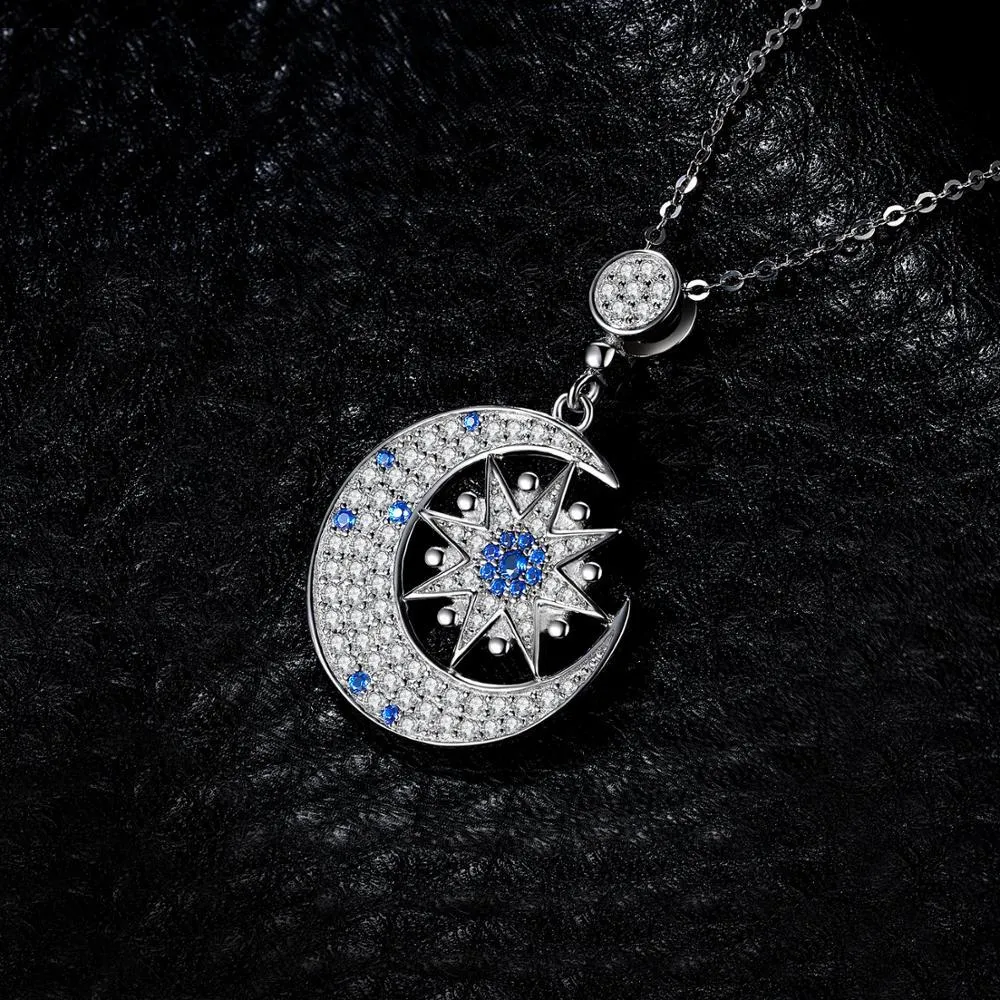 925 Sterling Silver Crystal Moon and Star Pendant Necklace