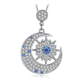 925 Sterling Silver Crystal Moon and Star Pendant Necklace