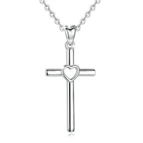 925 Sterling Silver Hollow Heart Cross Pendant Necklace