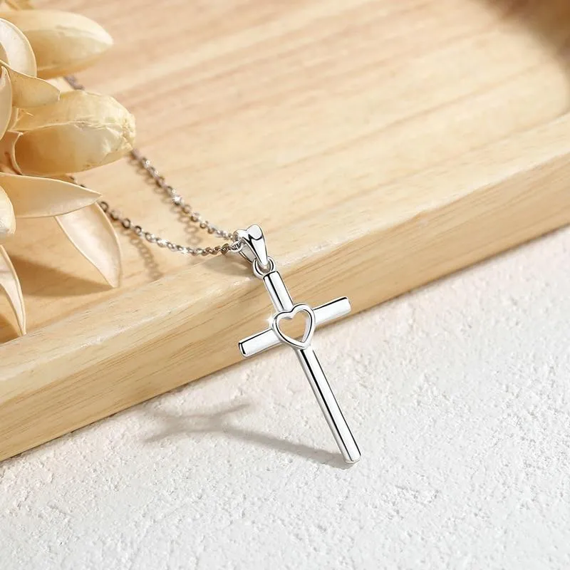 925 Sterling Silver Hollow Heart Cross Pendant Necklace