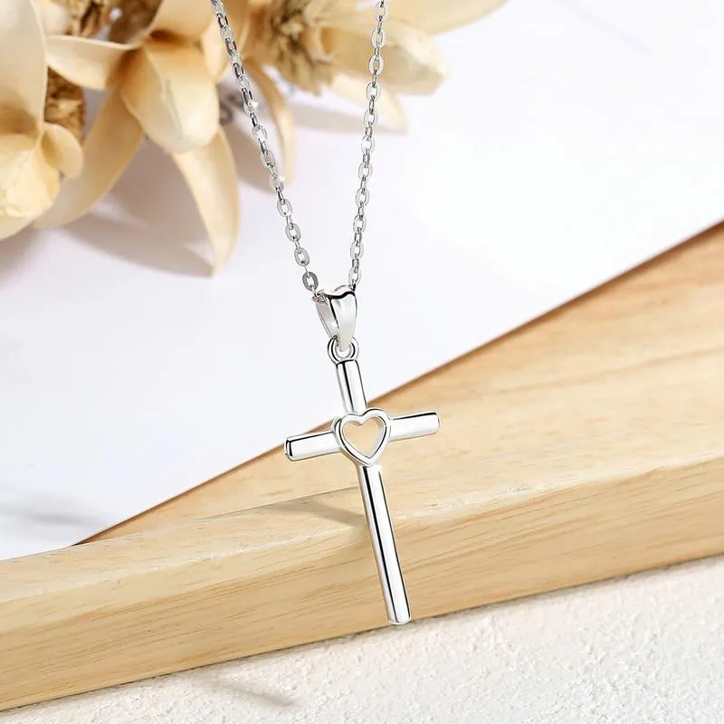 925 Sterling Silver Hollow Heart Cross Pendant Necklace