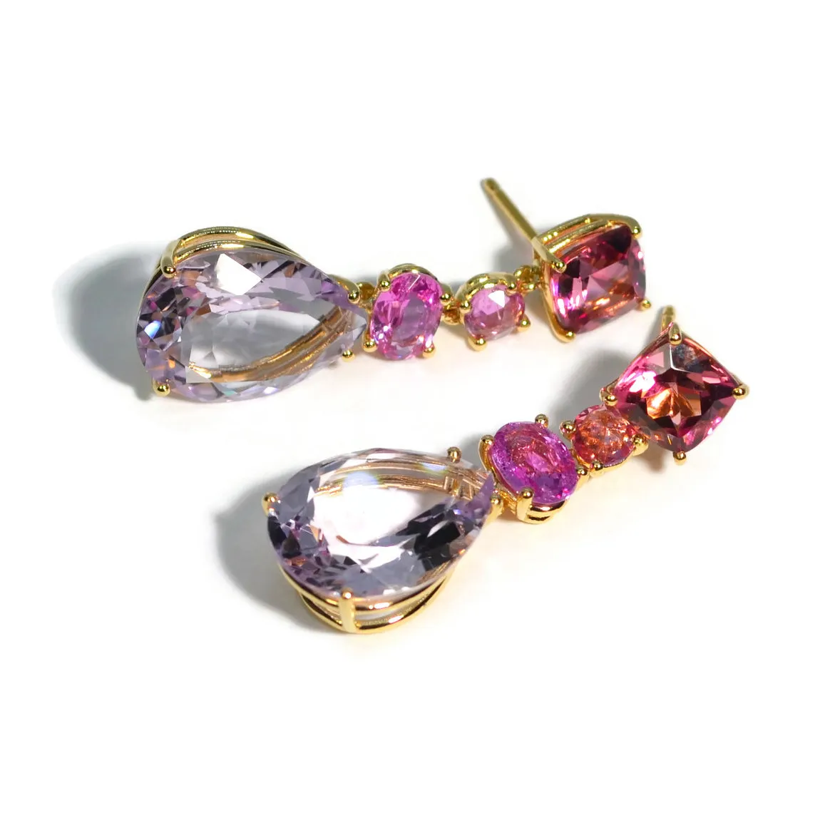 A & Furst - Party - Drop Earrings with Pink Tourmaline, Pink Sapphires and Rose de France, 18k Yellow Gold