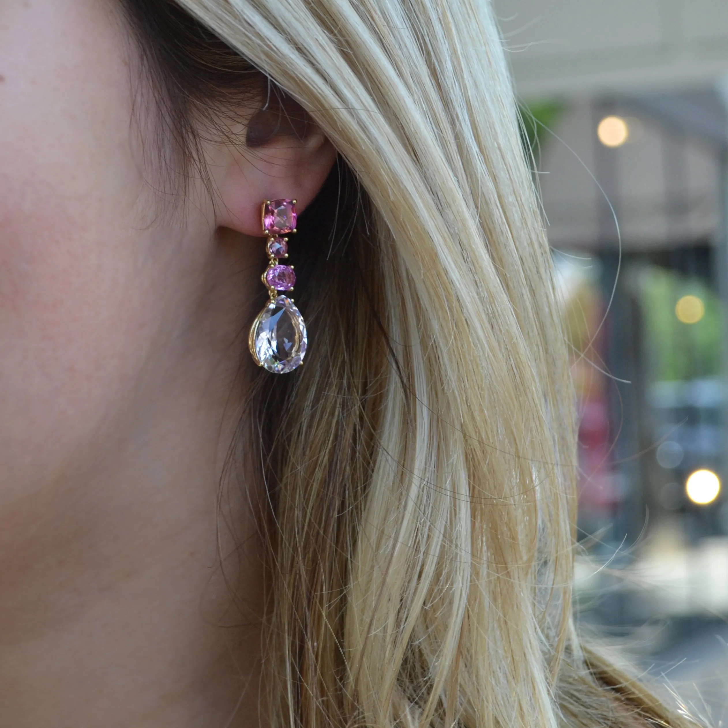 A & Furst - Party - Drop Earrings with Pink Tourmaline, Pink Sapphires and Rose de France, 18k Yellow Gold