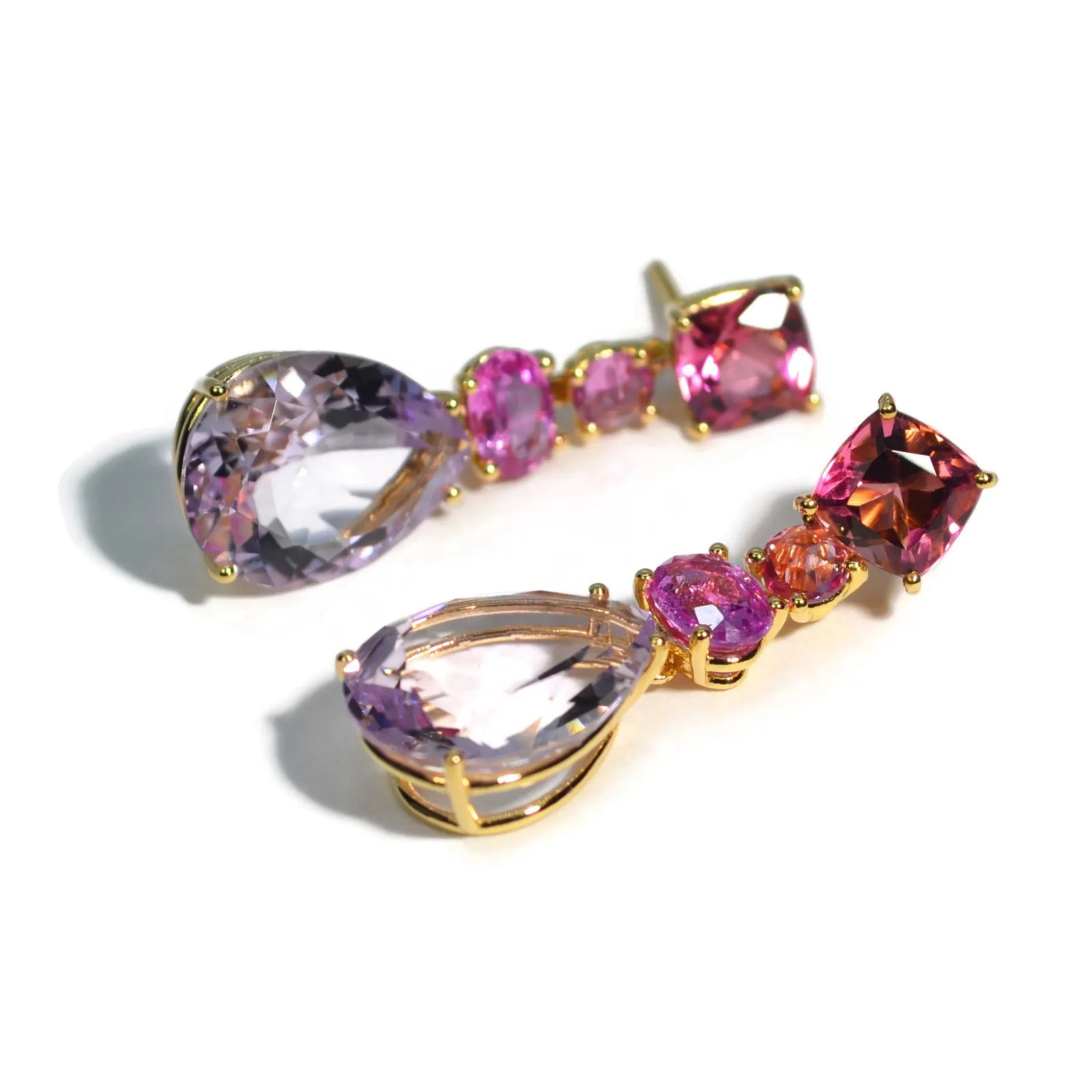 A & Furst - Party - Drop Earrings with Pink Tourmaline, Pink Sapphires and Rose de France, 18k Yellow Gold