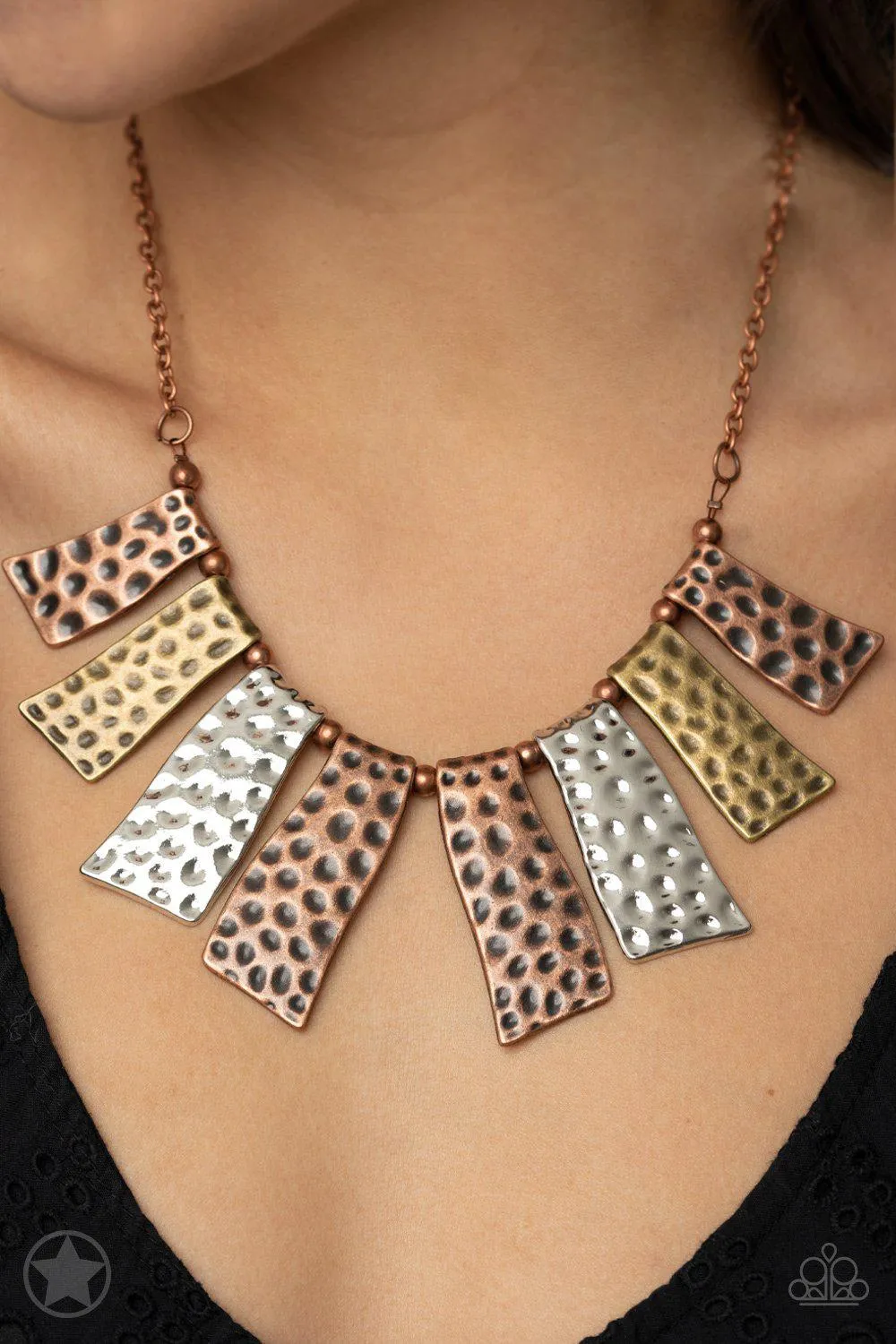 A Fan of the Tribe Copper, Silver and Brass Necklace and matching Earrings - Paparazzi Accessories