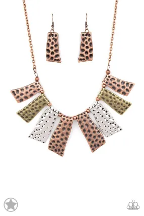 A Fan of the Tribe Copper, Silver and Brass Necklace and matching Earrings - Paparazzi Accessories