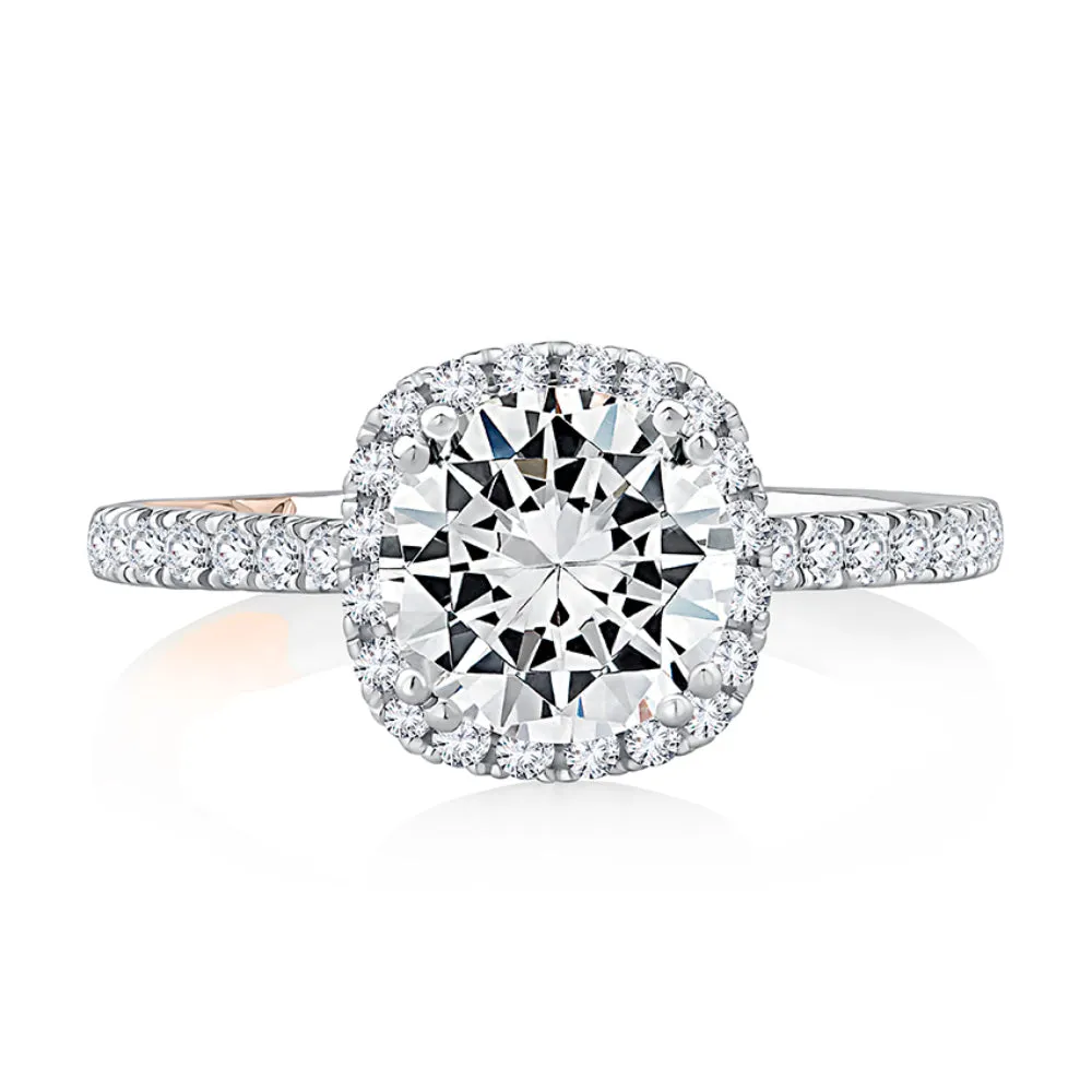 A. Jaffe Cushion Shaped Halo Round Center Diamond Engagement Ring with Pave Band