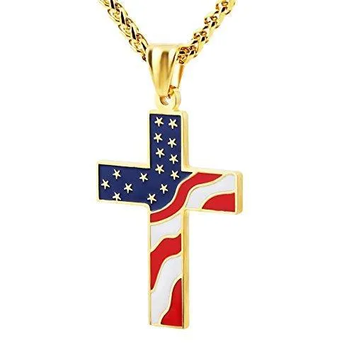 American Flag Patriotic Cross Religious Jewelry Enamel Pendant Necklace