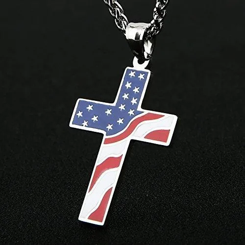 American Flag Patriotic Cross Religious Jewelry Enamel Pendant Necklace