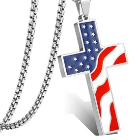 American Flag Patriotic Cross Religious Jewelry Enamel Pendant Necklace