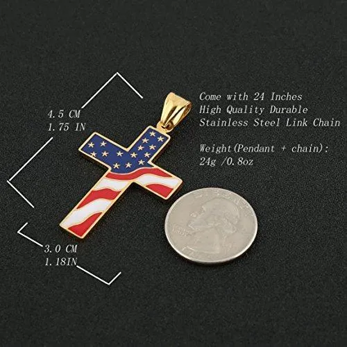 American Flag Patriotic Cross Religious Jewelry Enamel Pendant Necklace