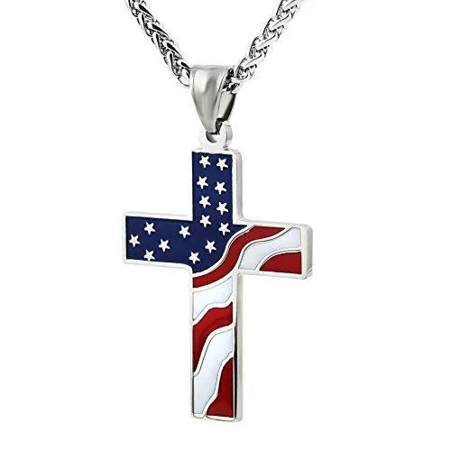 American Flag Patriotic Cross Religious Jewelry Enamel Pendant Necklace