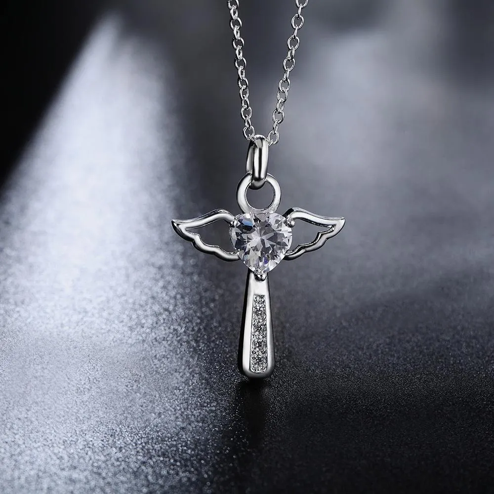 Angelic Sterling Silver Winged Crystal Heart Cross Pendant Necklace