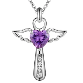 Angelic Sterling Silver Winged Crystal Heart Cross Pendant Necklace