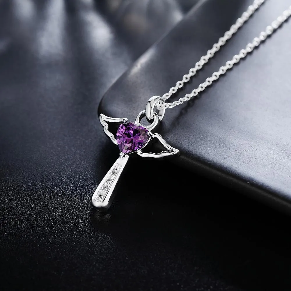 Angelic Sterling Silver Winged Crystal Heart Cross Pendant Necklace