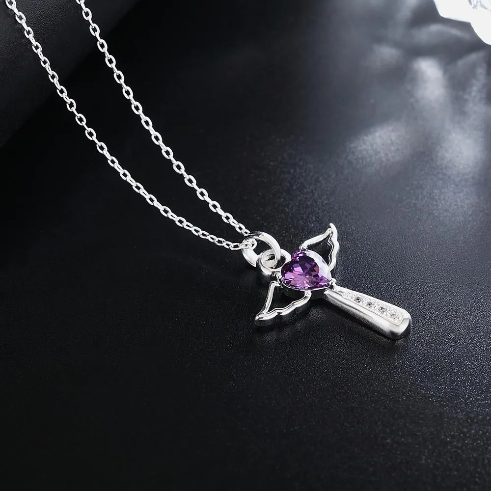 Angelic Sterling Silver Winged Crystal Heart Cross Pendant Necklace