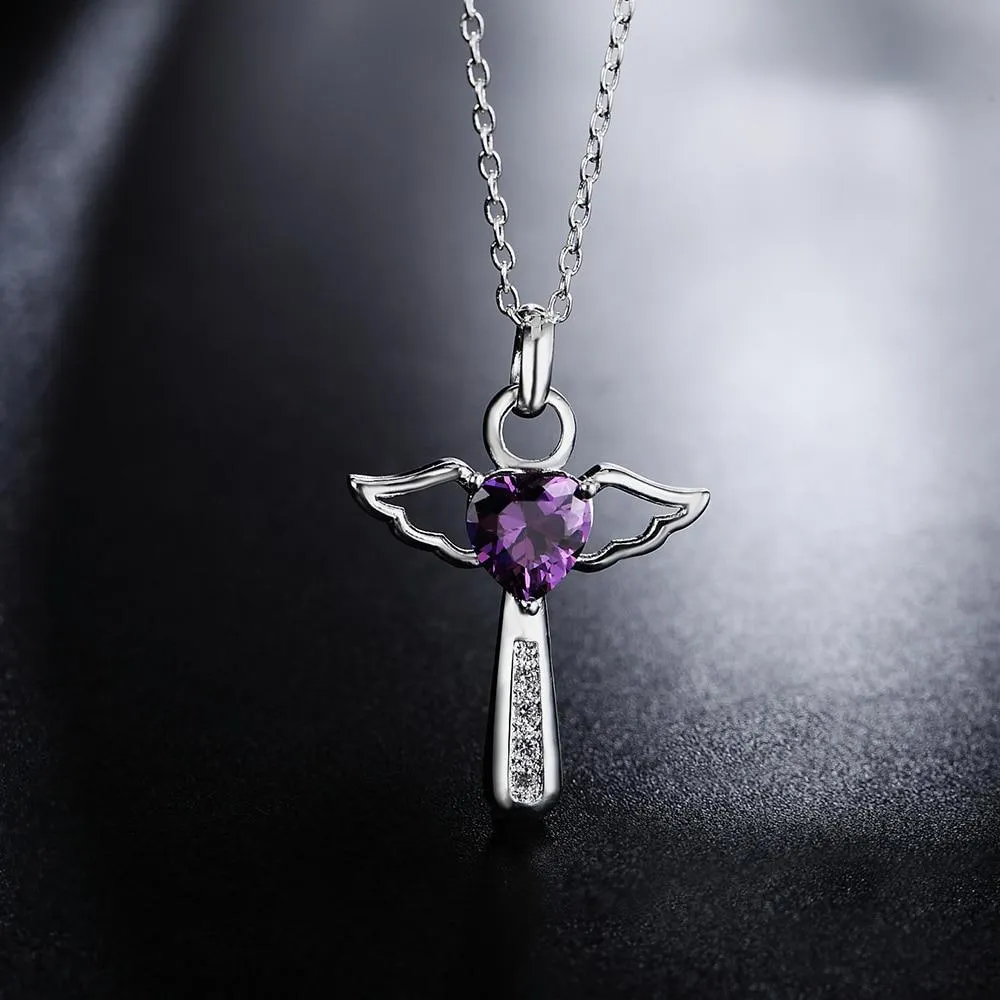 Angelic Sterling Silver Winged Crystal Heart Cross Pendant Necklace