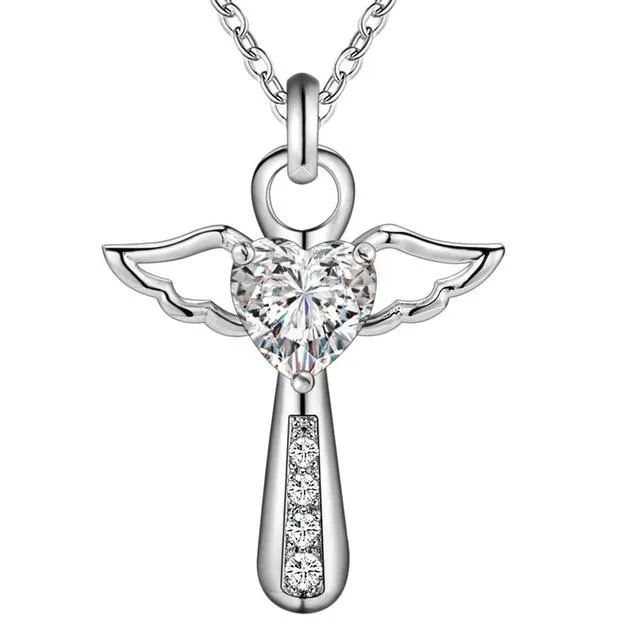 Angelic Sterling Silver Winged Crystal Heart Cross Pendant Necklace