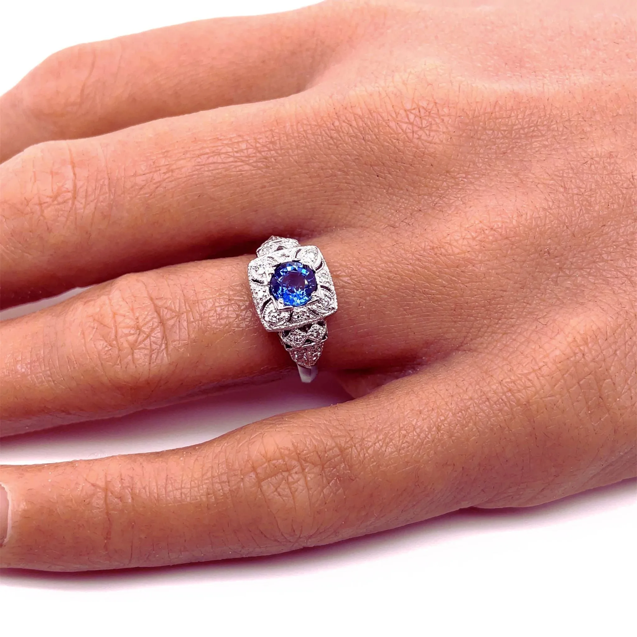 Antique Style Natural Blue Sapphire Ring Art Deco Pave Diamonds