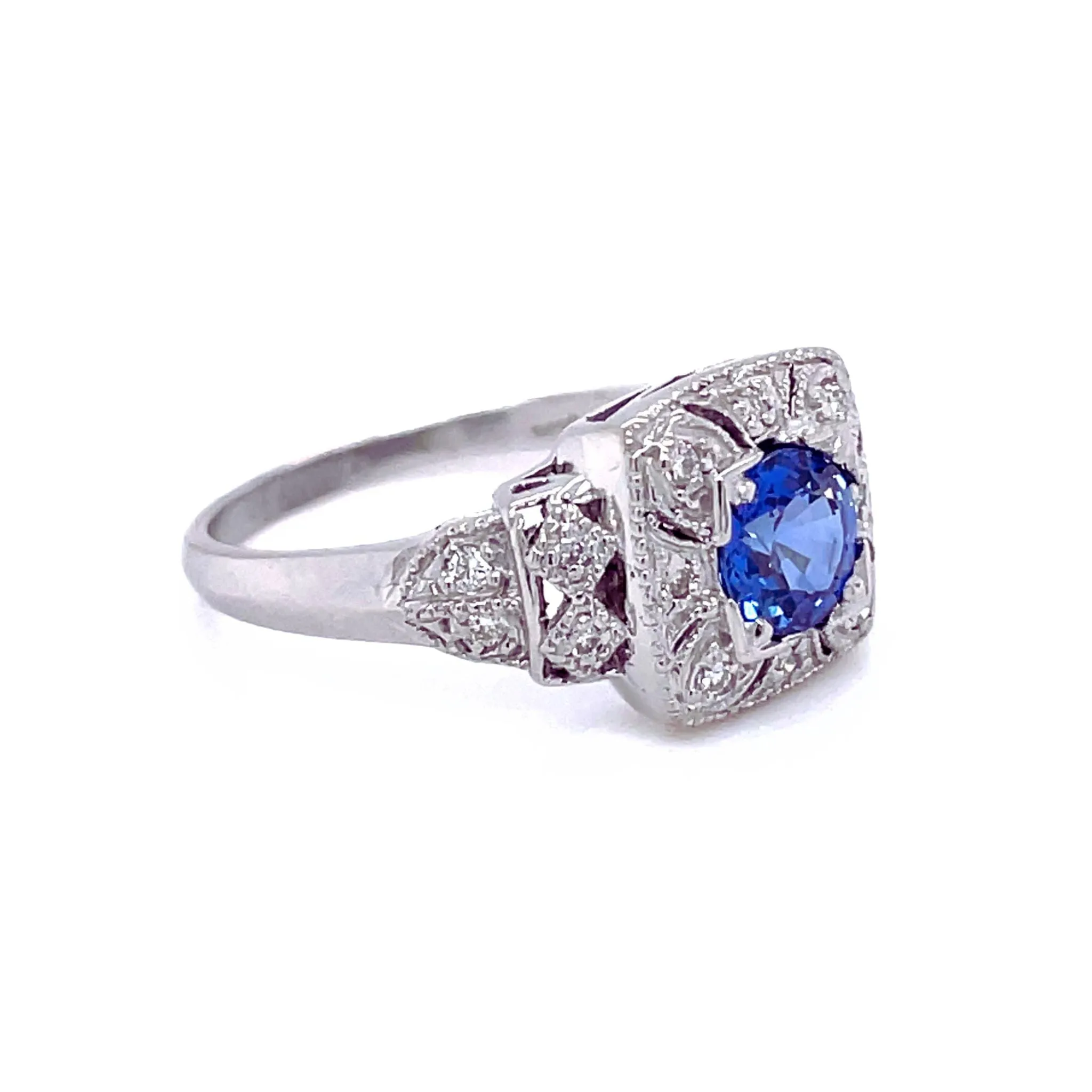 Antique Style Natural Blue Sapphire Ring Art Deco Pave Diamonds