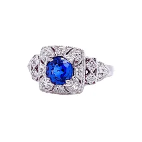 Antique Style Natural Blue Sapphire Ring Art Deco Pave Diamonds