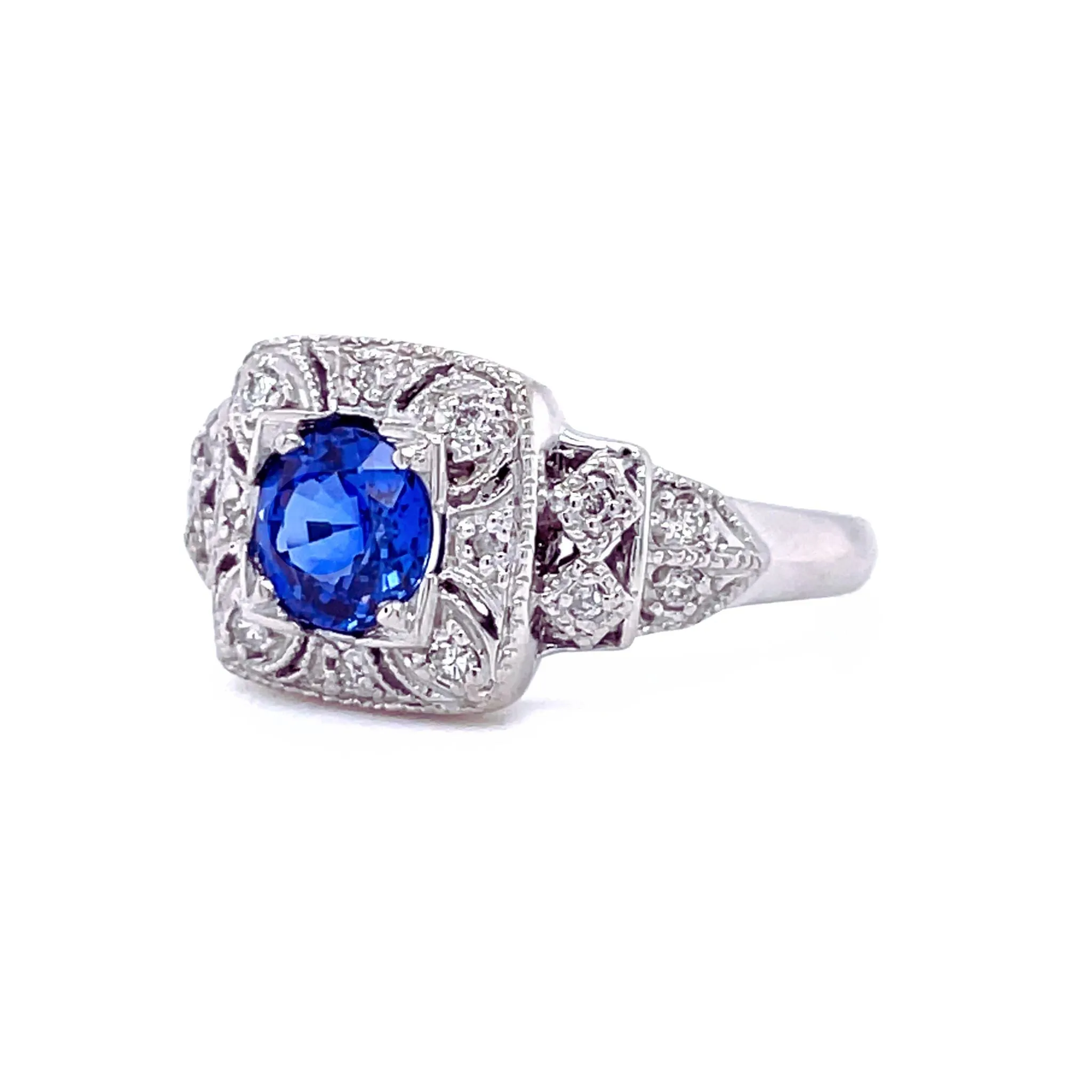 Antique Style Natural Blue Sapphire Ring Art Deco Pave Diamonds