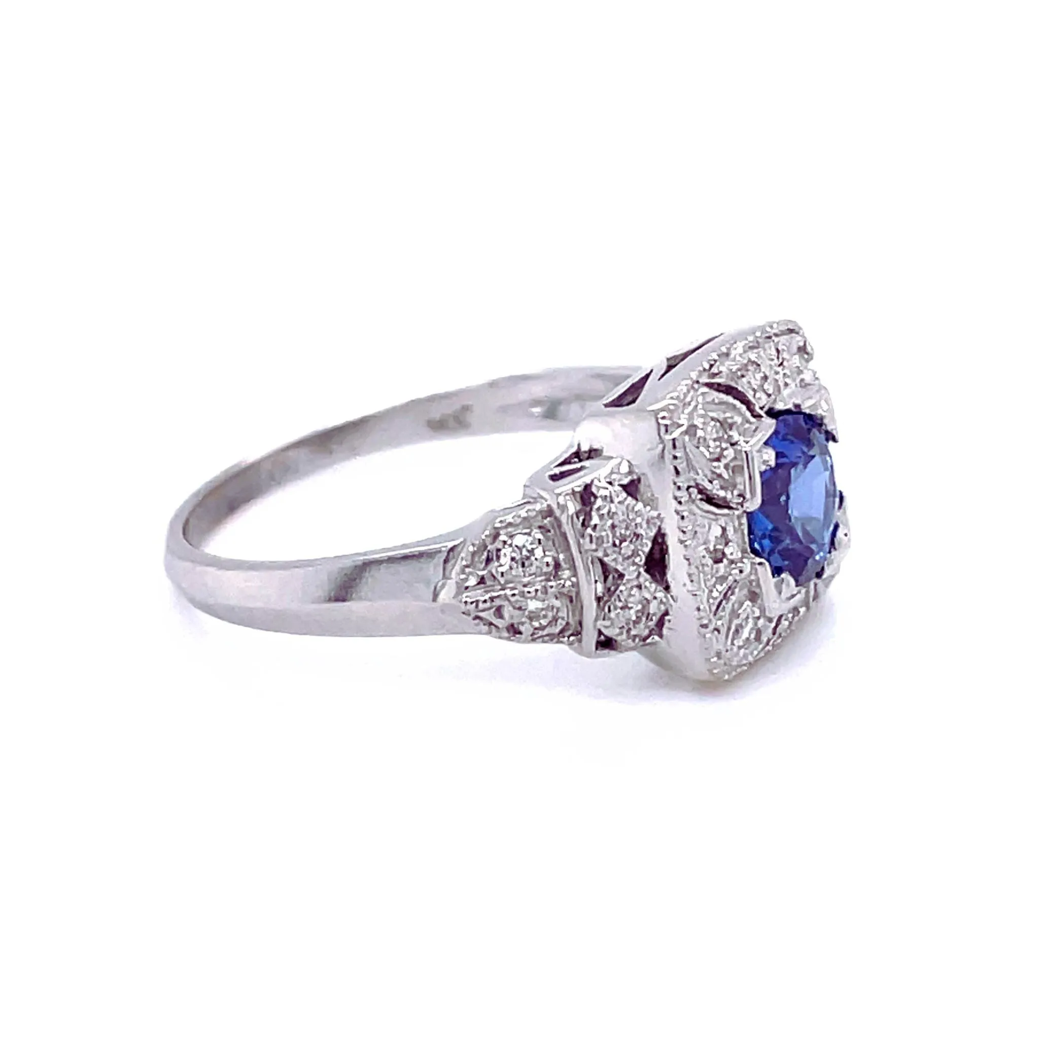 Antique Style Natural Blue Sapphire Ring Art Deco Pave Diamonds