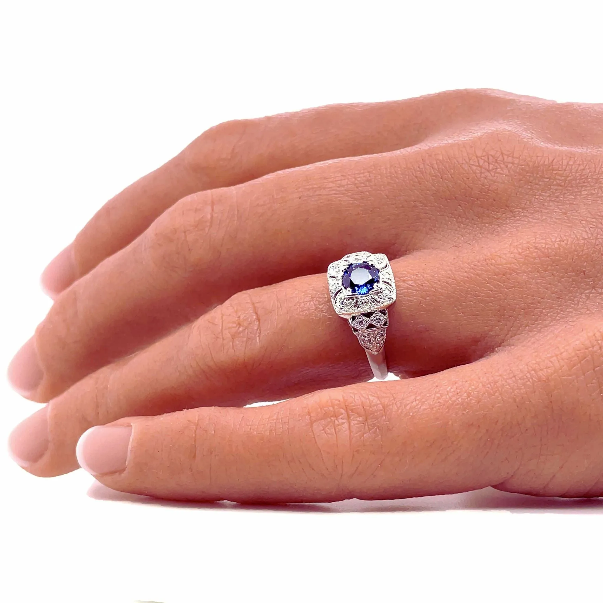 Antique Style Natural Blue Sapphire Ring Art Deco Pave Diamonds