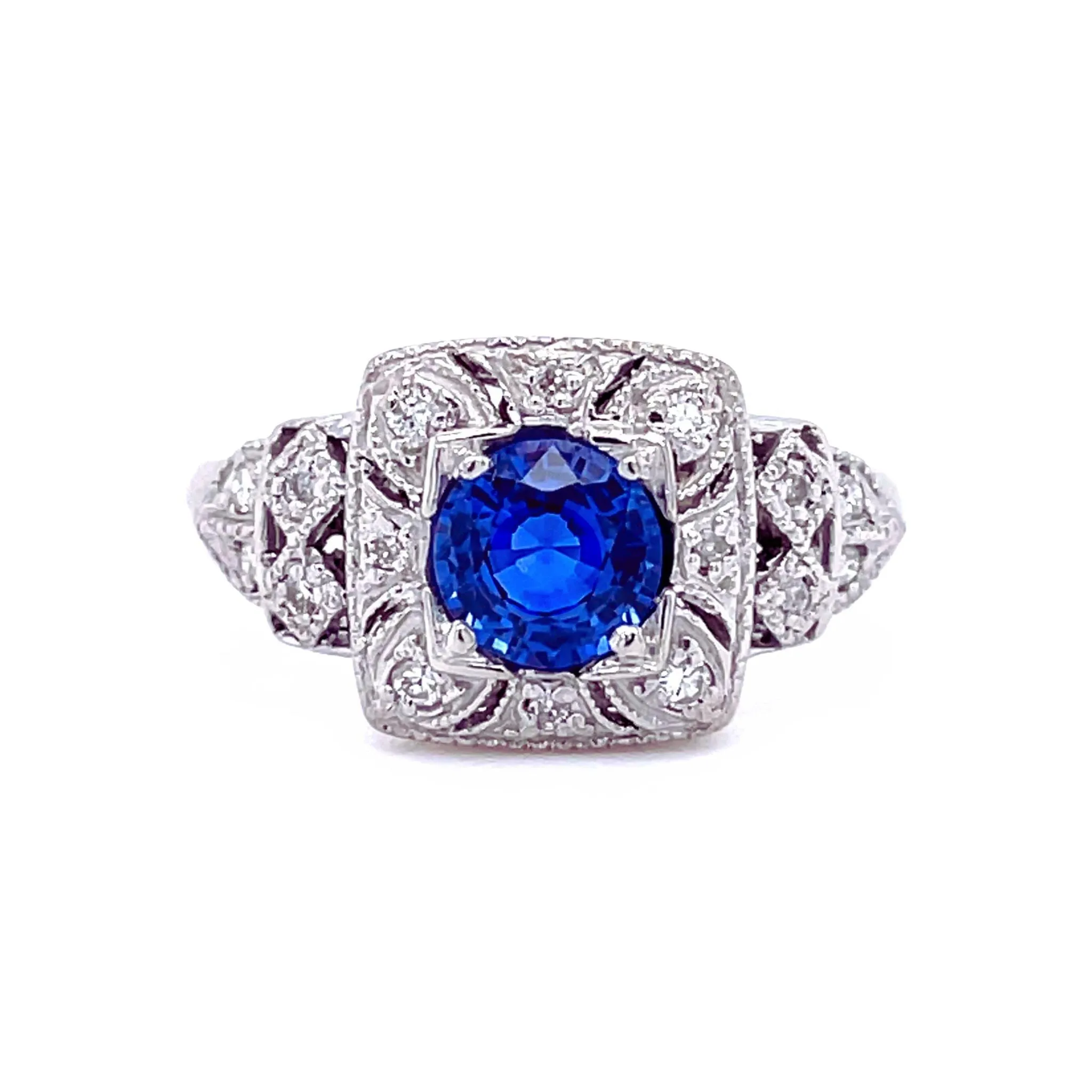 Antique Style Natural Blue Sapphire Ring Art Deco Pave Diamonds