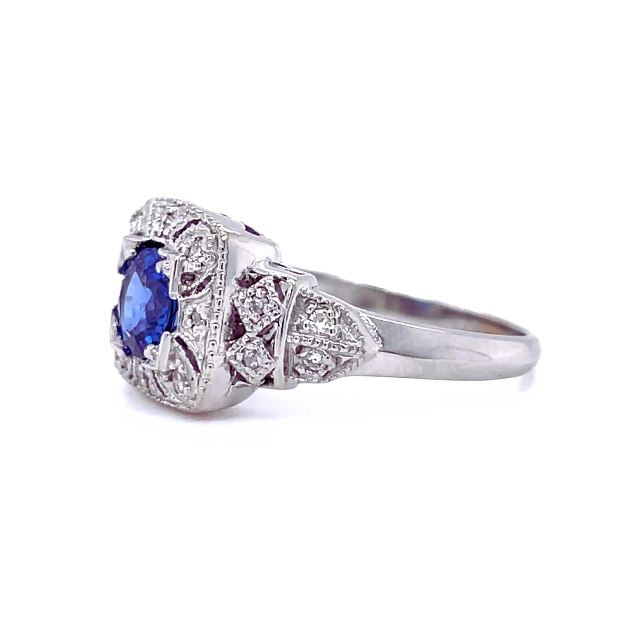 Antique Style Natural Blue Sapphire Ring Art Deco Pave Diamonds