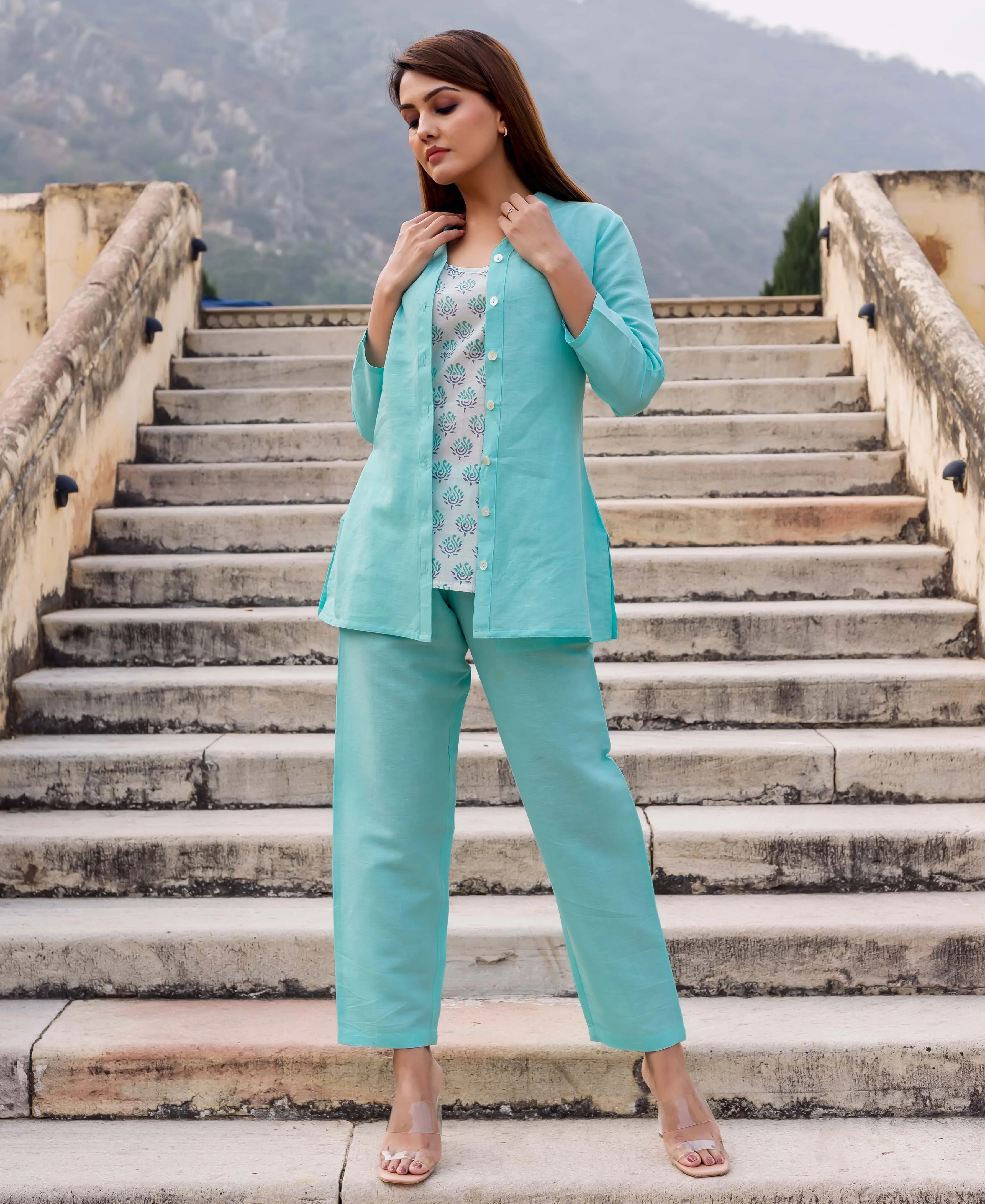 Aqua Blue Linen Power Suit Set