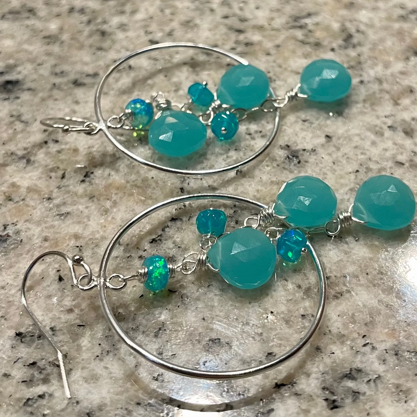 Aqua Opal and Chalcedony Hoop Earrings