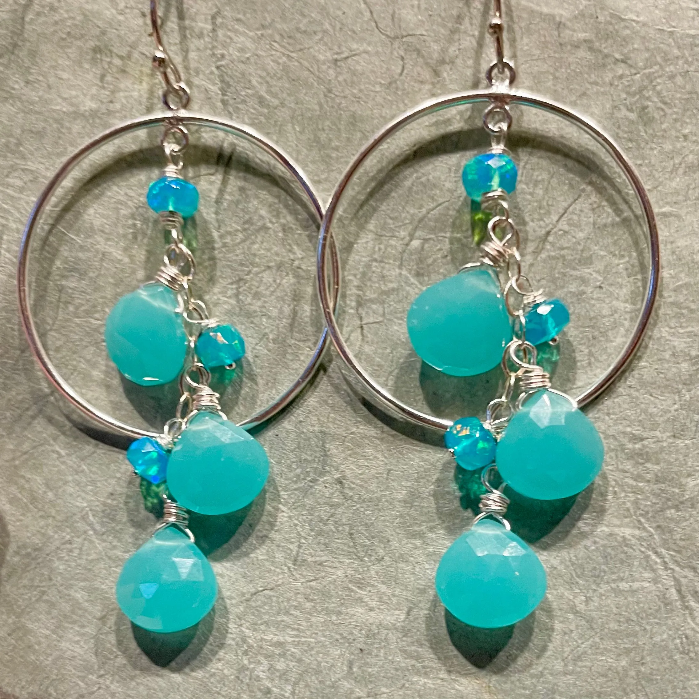 Aqua Opal and Chalcedony Hoop Earrings