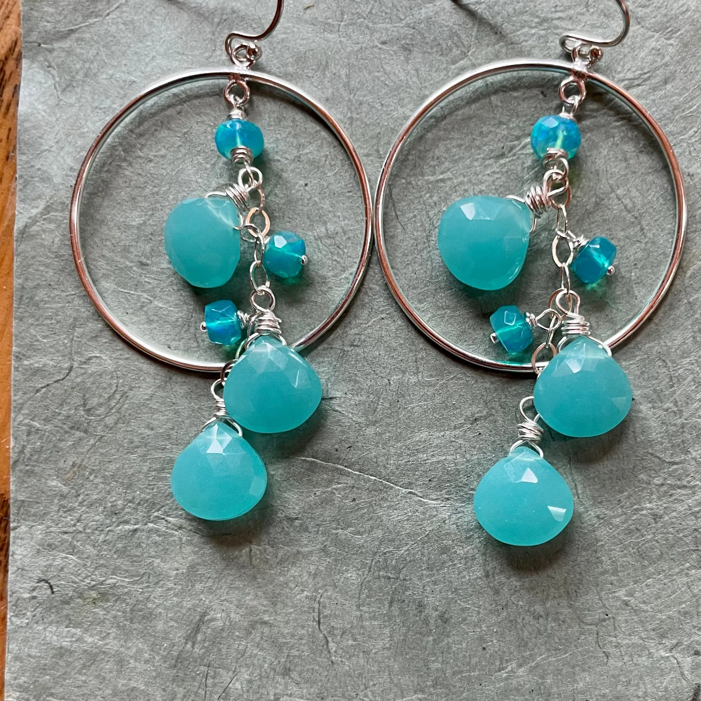 Aqua Opal and Chalcedony Hoop Earrings