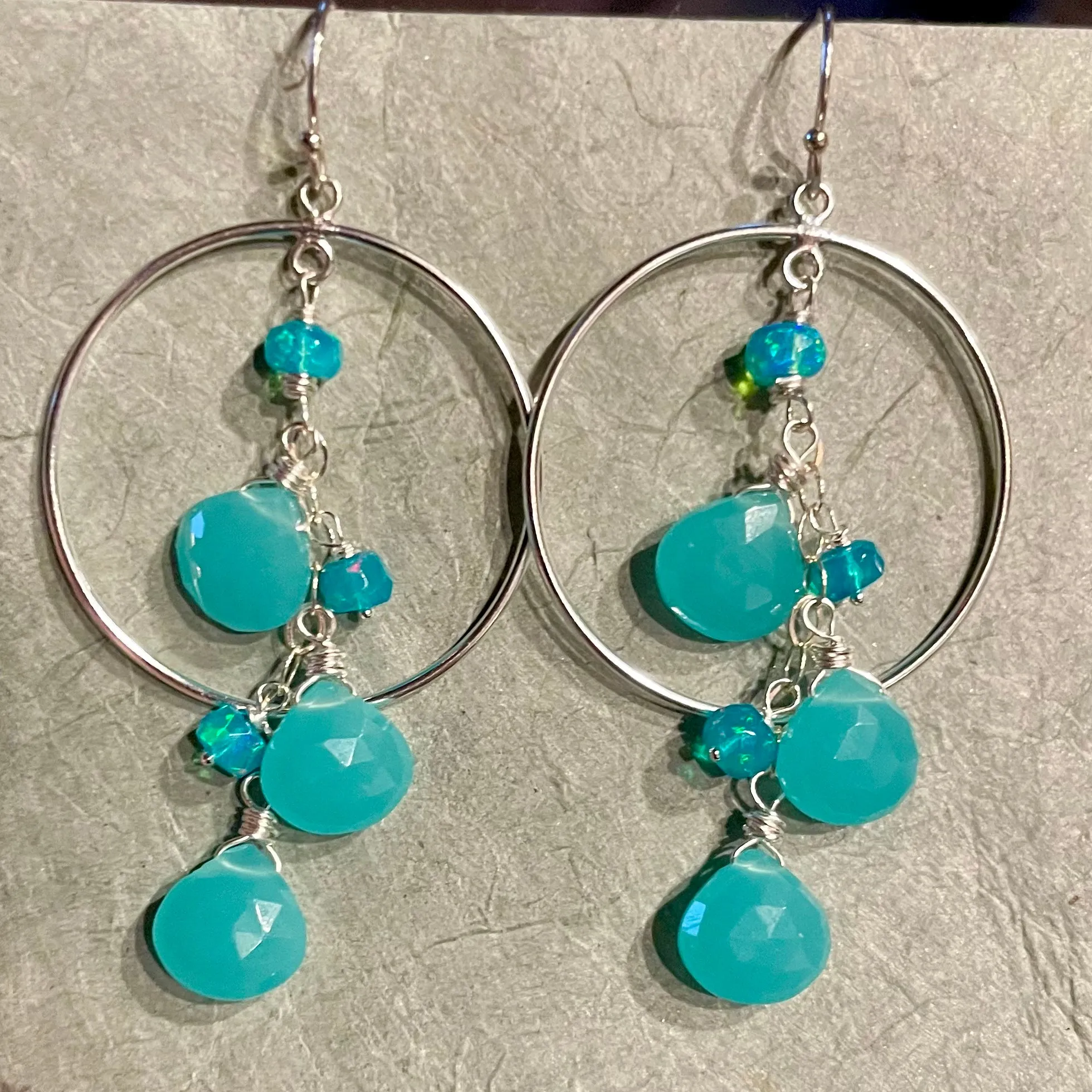 Aqua Opal and Chalcedony Hoop Earrings